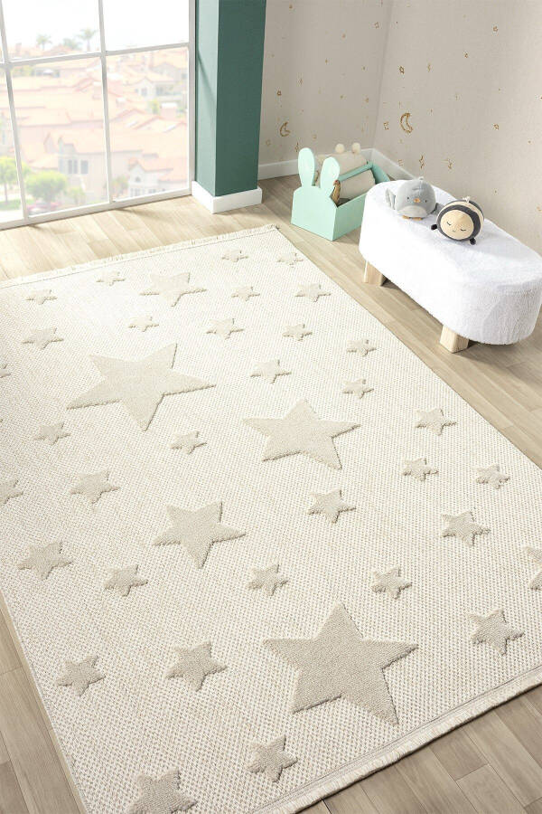 Non-Slip Washable Woven Rug Cream Star Baby Kids Room Rug Stain Resistant AYAZ 13 - 1