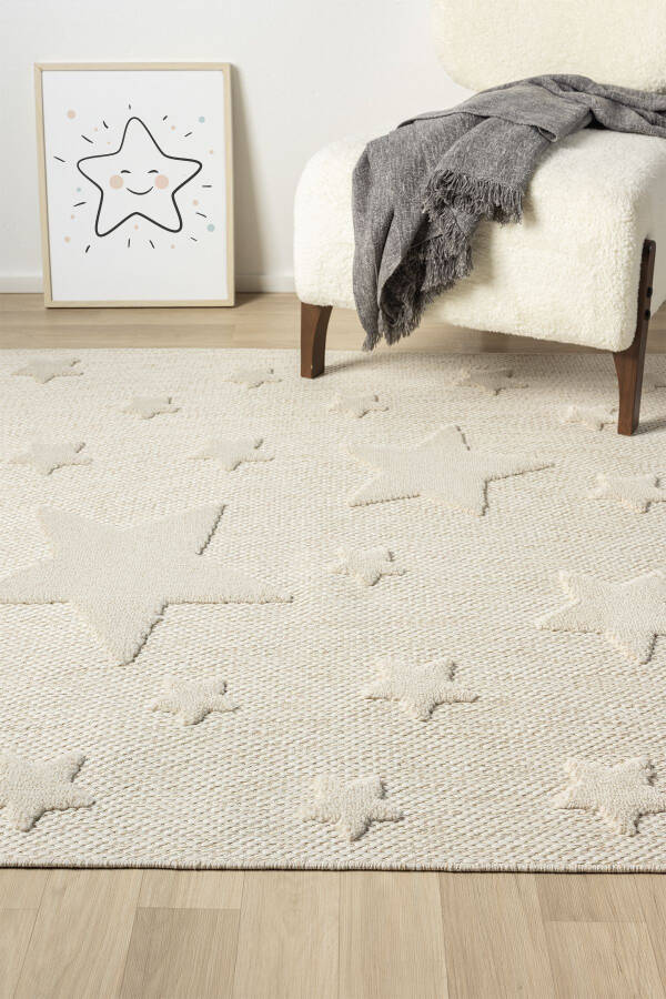 Non-Slip Washable Woven Rug Cream Star Baby Kids Room Rug Stain Resistant AYAZ 13 - 5