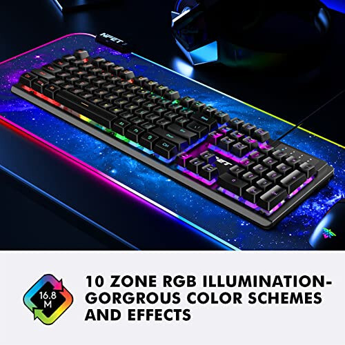 NPET K10 Wired Gaming Keyboard, LED Backlit, Spill-Resistant Design, Multimedia Keys, Quiet Silent USB Membrane Keyboard for Desktop, Computer, PC (Black) - 6