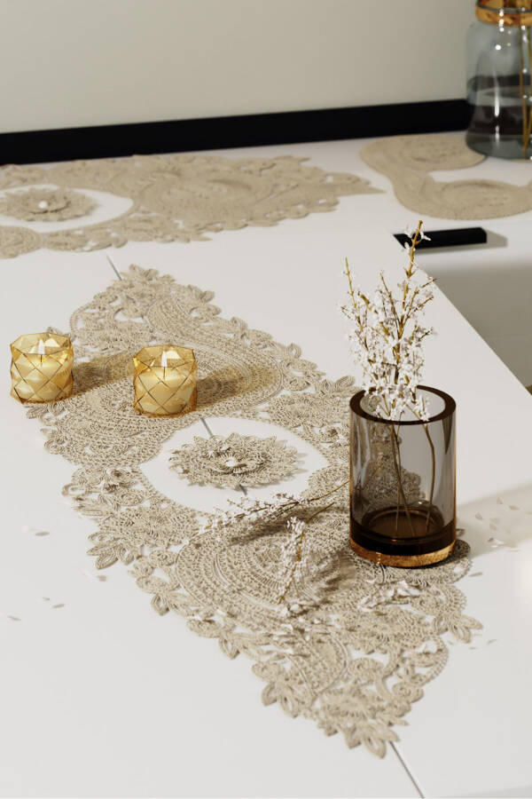 Nur 5 Piece Luxury Beaded Runner Living Room Coffee Table Tablecloth Set French Lace Dowry Set Door - 4