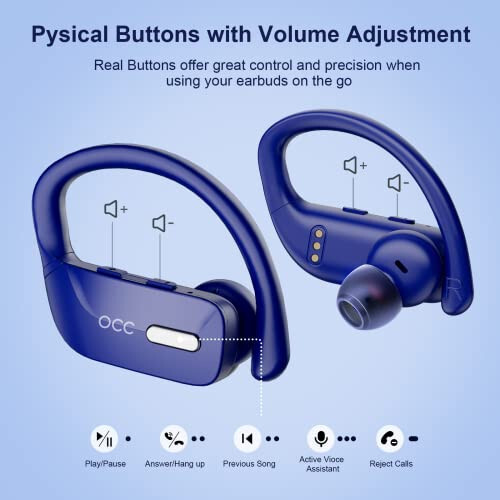 Occiam Wireless Earbuds Bluetooth Headphones 48H Play Back Earphones in Ear Waterproof with Microphone LED Display for Sports Running Workout Blue - 4