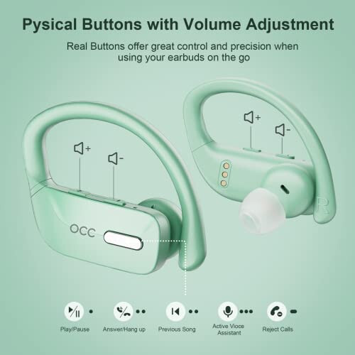 Occiam Wireless Earbuds Bluetooth Headphones 48H Play Back Earphones in Ear Waterproof with Microphone LED Display for Sports Running Workout Green - 4