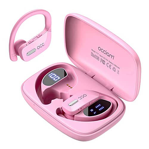 Occiam Wireless Earbuds Bluetooth Headphones 48H Play Back Earphones in Ear Waterproof with Microphone LED Display for Sports Running Workout Pink - 1