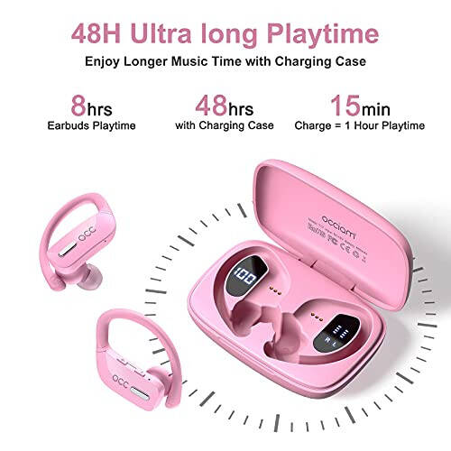 Occiam Wireless Earbuds Bluetooth Headphones 48H Play Back Earphones in Ear Waterproof with Microphone LED Display for Sports Running Workout Pink - 3