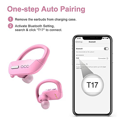 Occiam Wireless Earbuds Bluetooth Headphones 48H Play Back Earphones in Ear Waterproof with Microphone LED Display for Sports Running Workout Pink - 4