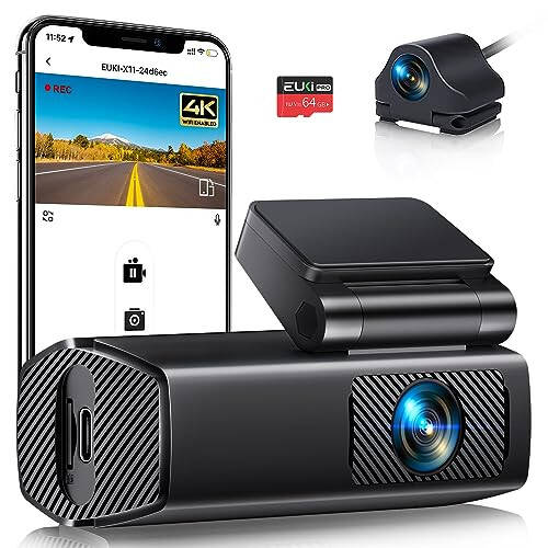 Oldin va Orqa Kamera, EUKI 4K/2.5K UHD Avtomobil Kamerasi, Dashcam O'rnatilgan WiFi, Bepul 64GB Karta, Kechasi Ko'rish, 170° Keng Burchak, WDR, 24 Soatlik To'xtash Rejimi - 1