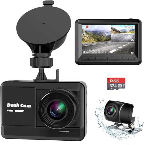 Oldin va orqa kamera, Mini Dash Cam 1080P Full HD 32GB SD karta bilan, 2.45 dyuymli IPS ekran, 2 o'rnatish usuli, tungi ko'rish, WDR, avariya qulflash, tsiklli yozuv, to'xtash monitoringi - 1