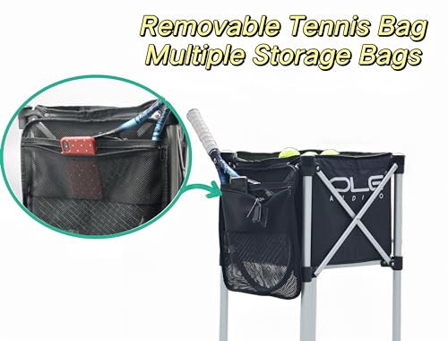 OLE ANDIGO Tennis Balls Hopper Tennis Ball Basket with Side Pockets Lightweight Tennis Ball Cart Holds 160 Balls, Portable Sports Teaching Cart with Wheels for Tennis Player - 6