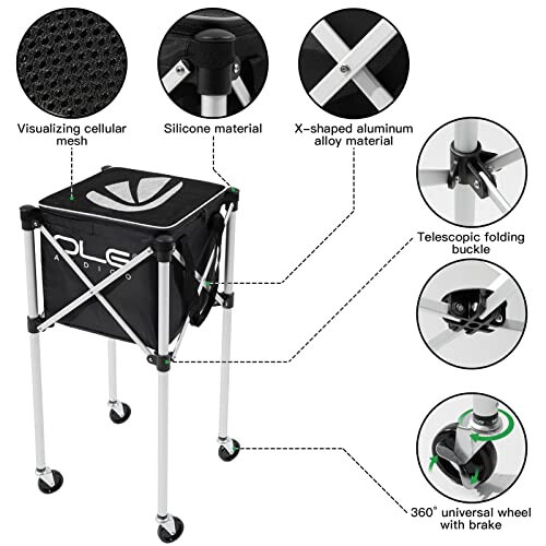 OLE ANDIGO Tennis Balls Hopper Tennis Ball Basket with Side Pockets Lightweight Tennis Ball Cart Holds 160 Balls, Portable Sports Teaching Cart with Wheels for Tennis Player - 8