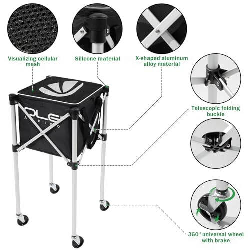 OLE ANDIGO Tennis Balls Hopper Tennis Ball Basket with Side Pockets Lightweight Tennis Ball Cart Holds 160 Balls, Portable Sports Teaching Cart with Wheels for Tennis Player - 3