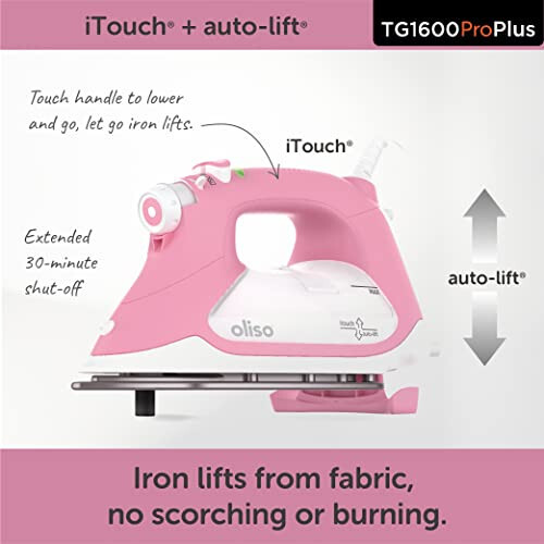 Oliso TG1600 Pro Plus 1800 Watt SmartIron with Auto Lift - for Clothes, Sewing, Quilting and Crafting Ironing | Diamond Ceramic-Flow Soleplate Steam Iron, Pink - 2