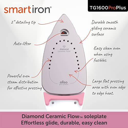 Oliso TG1600 Pro Plus 1800 Watt SmartIron with Auto Lift - for Clothes, Sewing, Quilting and Crafting Ironing | Diamond Ceramic-Flow Soleplate Steam Iron, Pink - 3