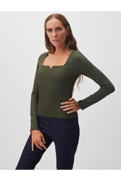 Olive Green Square Neck Long Sleeve Basic Blouse - 10