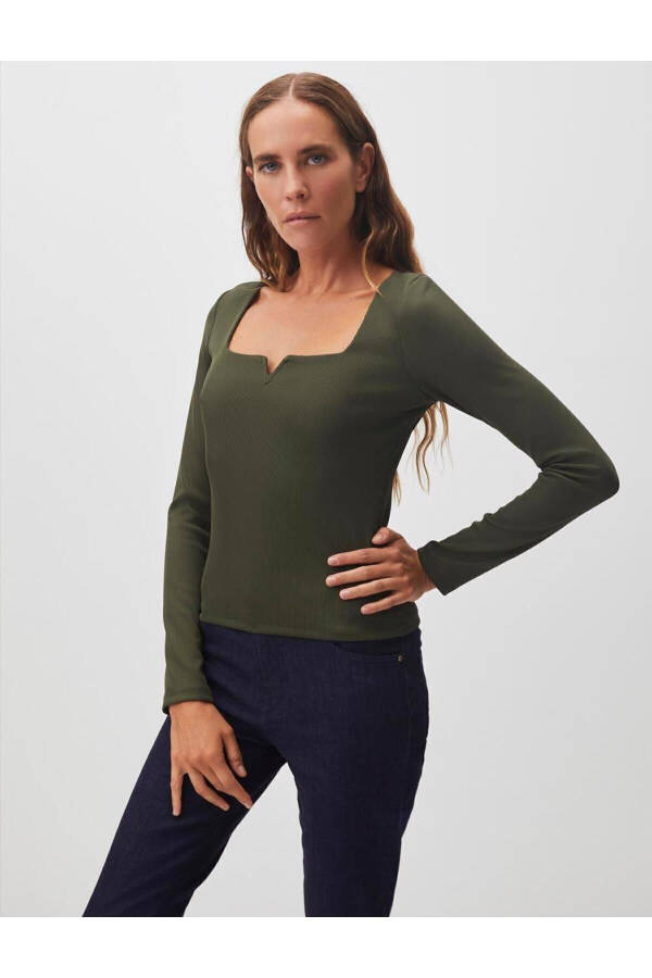 Olive Green Square Neck Long Sleeve Basic Blouse - 6