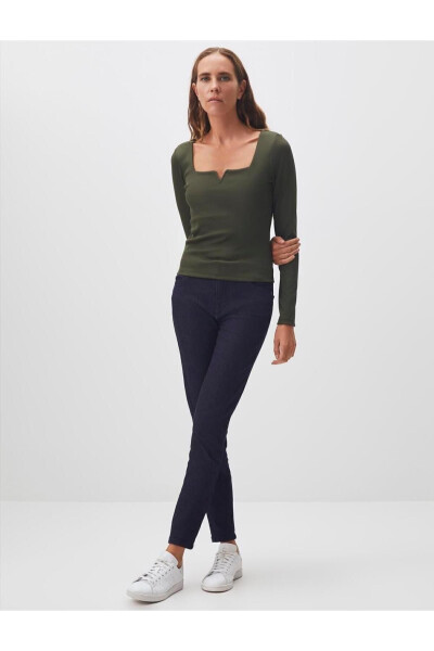 Olive Green Square Neck Long Sleeve Basic Blouse - 7