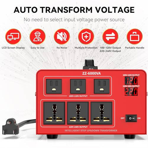 OLTEANP 6000 Watt Voltage Converter Transformer Heavy Duty Step Up/Down Power Converter 220V to 110V, 110V to 220V with 3 US Outlets, 3 Universal Outlets, LCD Display, Circuit Breaker Protection - 2