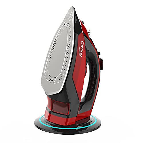 OMAIGA Cordless Iron, 1500W Cordless Iron with Steam with 11.84ozs Water Tank, Anti Drip Iron Cordless with Ceramic Soleplate, Cordless Iron for Clothes with 3 Temperature Settings-Red - 1