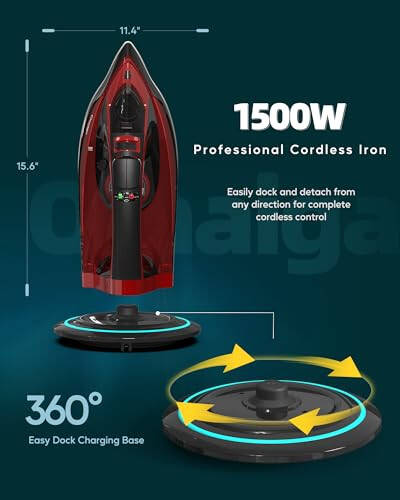 OMAIGA Cordless Iron, 1500W Cordless Iron with Steam with 11.84ozs Water Tank, Anti Drip Iron Cordless with Ceramic Soleplate, Cordless Iron for Clothes with 3 Temperature Settings-Red - 2