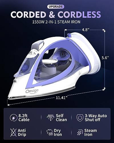 OMAIGA Cordless Iron for Clothes, 1550W 2-In-1 Cordless/Corded Iron with Durable Ceramic Soleplate, Steam Iron with 12.84oz Water Tank, Clothes Iron with 3-Way Auto-Off, Self-Cleaning, Anti-calc - 2