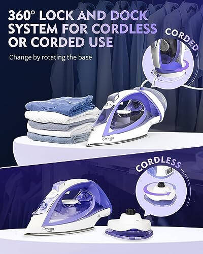 OMAIGA Cordless Iron for Clothes, 1550W 2-In-1 Cordless/Corded Iron with Durable Ceramic Soleplate, Steam Iron with 12.84oz Water Tank, Clothes Iron with 3-Way Auto-Off, Self-Cleaning, Anti-calc - 5