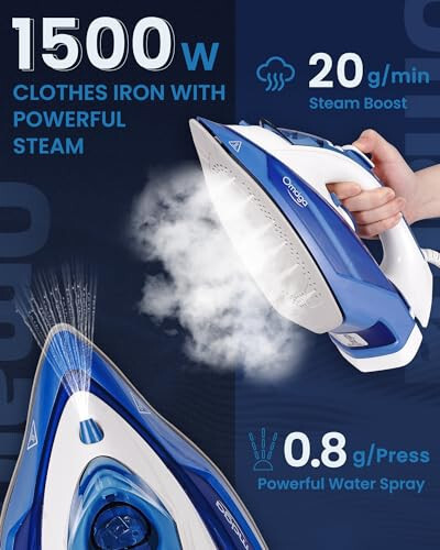 OMAIGA Steam Iron for Clothes, 1500W Clothes Iron with 3-Way Auto-Off, Durable Ceramic Soleplate, Iron for Clothes with 11.8oz Water Tank, Steam Iron with Self-Cleaning, Anti-calc Function - 2