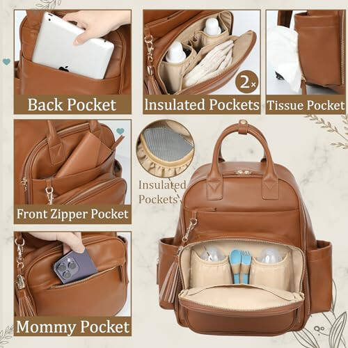 Omanmoli Diaper Bag Backpack,Leather Baby Bag with 16 Pockets,Large Travel Diaper Backpack,Baby Essential Organizer,4 Insulated Pockets,Changing Pad,Brown - 4