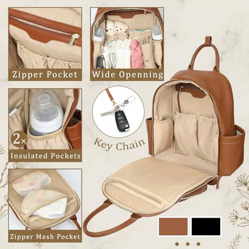 Omanmoli Diaper Bag Backpack,Leather Baby Bag with 16 Pockets,Large Travel Diaper Backpack,Baby Essential Organizer,4 Insulated Pockets,Changing Pad,Brown - 5