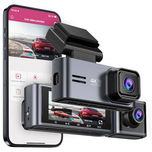 OMBAR Dash Cam 5G WiFi GPS, Front and Inside 4K/2K/1080P+1080P, 64GB Card Included, Dash Camera for Cars with 3.18” LCD Screen, Car Camera with IR Super Night Vision, WDR, G-Sensor, App - 1