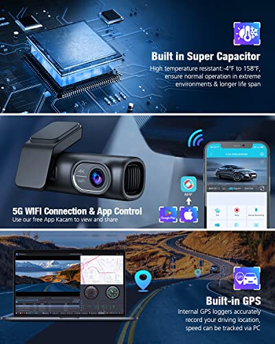 OMBAR Dash Cam Front and Rear 4K/2K/1080P+1080P 5G WiFi GPS, Dash Camera for Cars with 64G SD Card, Dual Dash Cam with WDR Night Vision, 24h Parking Mode, 170°Wide, G-Sensor, Loop Recording, APP - 3