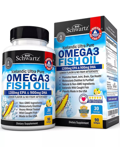 Omega 3 Balık Yağı Takviyesi - Her Serviste 1200mg EPA ve 900mg DHA Yağ Asidi - Yabani Yakalanmış Balıktan - Eklem, Göz, Beyin ve Cilt Sağlığını Destekler - Burpless Limon Aromalı, Glutensiz, 90 Yumuşak Jel Kapsül Renksiz - 1