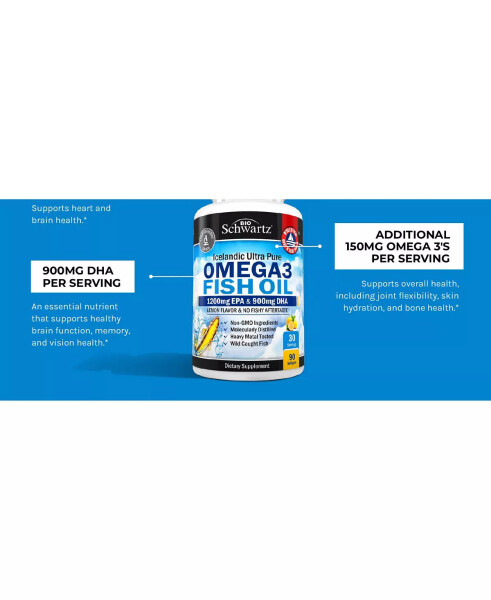 Omega 3 Fish Oil Supplement - 1200mg EPA and 900mg DHA Fatty Acid Per Serving from Wild Caught Fish - Supports Joint, Eyes, Brain & Skin Health - Burpless Lemon Flavor, Gluten-Free, 90 Softgels No Color - 6