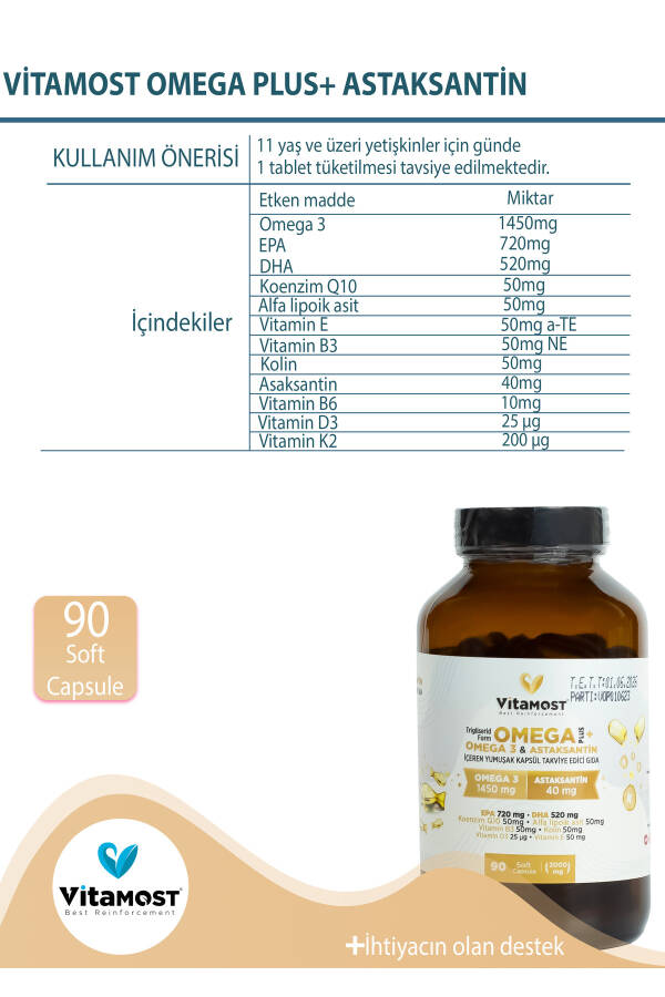 Omega Plus (OMEGA 3, ASTAKSANTİN 40MG, D3K2, KOENZİM Q10) Balık Yağı, Fish Oil 90 Softjel 2000 Mg - 11