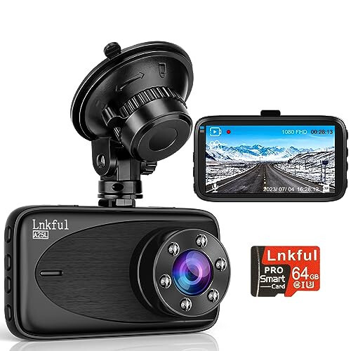 Ön Dash Cam, Lnkful Araba Dash Kamerası 64GB SD Kartlı, 1080P FHD Araba Gösterge Paneli Kamera Kaydedici 3'' IPS Ekran, Gece Görüşü, 170° Geniş Açı, Döngü Kaydı, G-Sensör, Park Gözetimi - 1