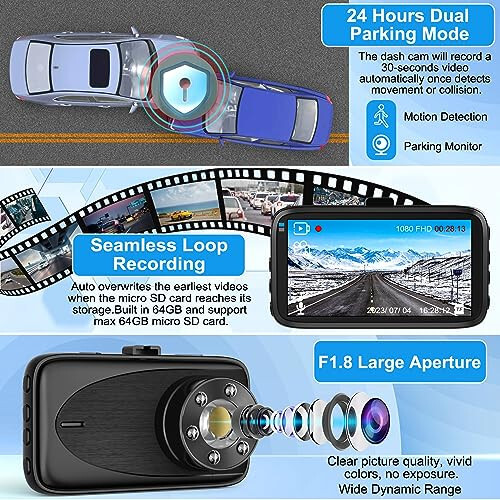 Ön Dash Cam, Lnkful Araba Dash Kamerası 64GB SD Kartlı, 1080P FHD Araba Gösterge Paneli Kamera Kaydedici 3'' IPS Ekran, Gece Görüşü, 170° Geniş Açı, Döngü Kaydı, G-Sensör, Park Gözetimi - 3