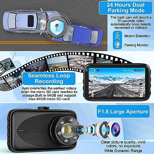 Ön Dash Cam, Lnkful Araba Dash Kamerası 64GB SD Kartlı, 1080P FHD Araba Gösterge Paneli Kamera Kaydedici 3'' IPS Ekran, Gece Görüşü, 170° Geniş Açı, Döngü Kaydı, G-Sensör, Park Gözetimi - 3