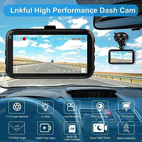 Ön Dash Cam, Lnkful Araba Dash Kamerası 64GB SD Kartlı, 1080P FHD Araba Gösterge Paneli Kamera Kaydedici 3'' IPS Ekran, Gece Görüşü, 170° Geniş Açı, Döngü Kaydı, G-Sensör, Park Gözetimi - 4