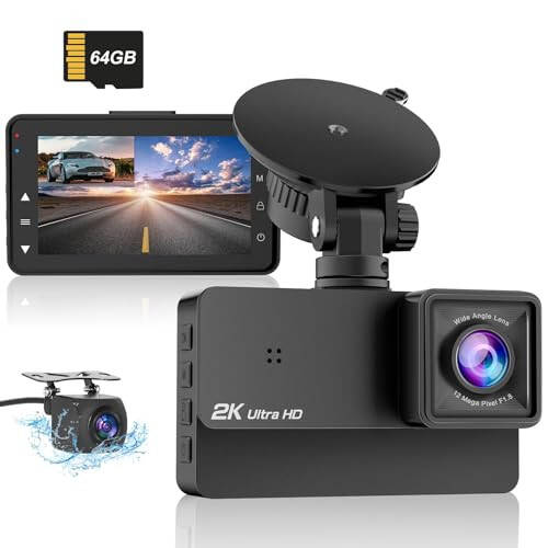 Ön ve Arka 2K+1080P Araç Kamerası, 3 İnç Ekranlı Araç Kamerası, 64GB Kartlı Dash Kameralar, Gelişmiş Gece Görüşü, 170° Geniş Açı, G-Sensör, 24 Saat Park Modu - 1