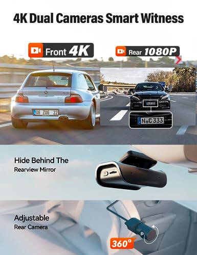 Ön ve Arka 4K Dahili 5GHz WiFi Dash Cam, Arabalar için Çift Ön 4K Arka 1080P Gizli Dash Cam, Ücretsiz 64GB SD Kart, Süper Gece Görüşü, Süper Kapasitör, Park Modu, G-Sensör, USB C Bağlantı Noktası - 2