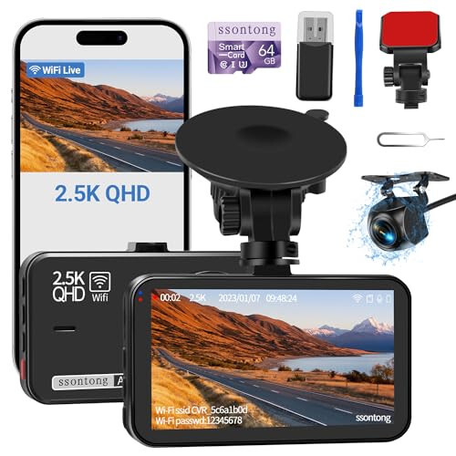 Ön ve Arka Kamera, Araçlar İçin WiFi/Uygulama Kontrolü Çift Dash Cam, 64GB Kartlı, 2.5K Ön Kamera + 1080P Arka Kamera, Süper Gece Görüşü, Döngü Kaydı, G-Sensör, En Fazla 256GB Desteği - 1