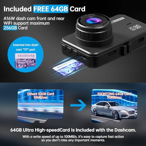 Ön ve Arka Kamera, Araçlar İçin WiFi/Uygulama Kontrolü Çift Dash Cam, 64GB Kartlı, 2.5K Ön Kamera + 1080P Arka Kamera, Süper Gece Görüşü, Döngü Kaydı, G-Sensör, En Fazla 256GB Desteği - 5