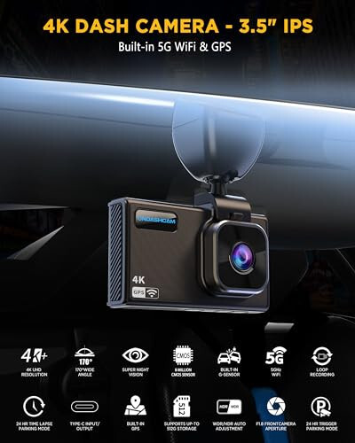 ONDASHCAM Dash Cam, Kechasi ko'rish imkoniyatiga ega avtomobillar uchun 4K Dash kamera, O'rnatilgan WiFi/GPS'li Dash kamera, 170° keng burchakli 3.5” IPS avtomobil Dash kamera, WDR, G-Sensor, Avtoturargoh rejimi, Maksimal 512GB qo'llab-quvvatlash - 2