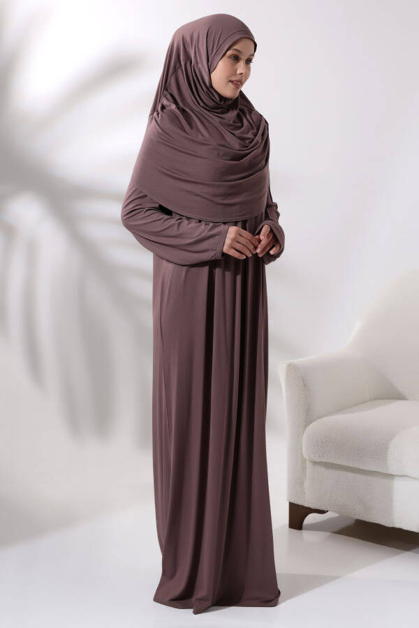 One Piece Practical Prayer Dress with Hijab 8015 Coffee Milk - 1