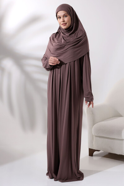 One Piece Practical Prayer Dress with Hijab 8015 Coffee Milk - 2