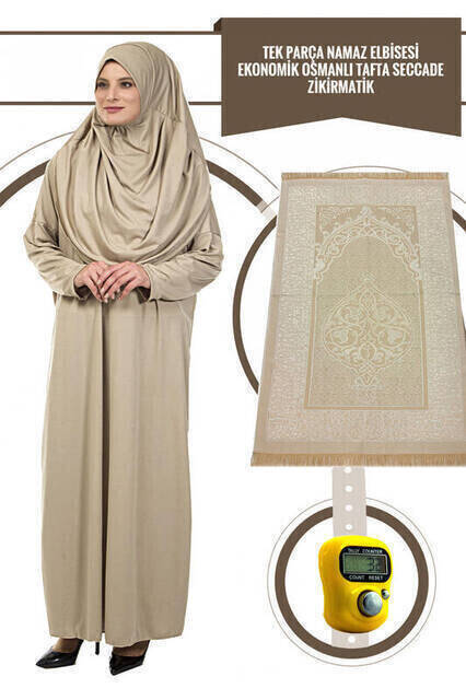 One-Piece Prayer Dress - Mink - 5015 and Prayer Rug and Tasbih - Three-Piece Set - 1