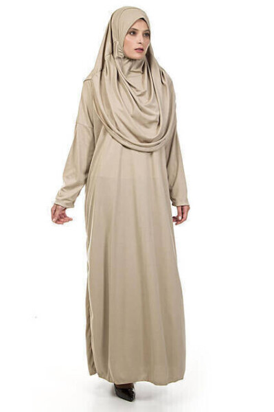 One-Piece Prayer Dress - Mink - 5015 and Prayer Rug and Tasbih - Three-Piece Set - 5