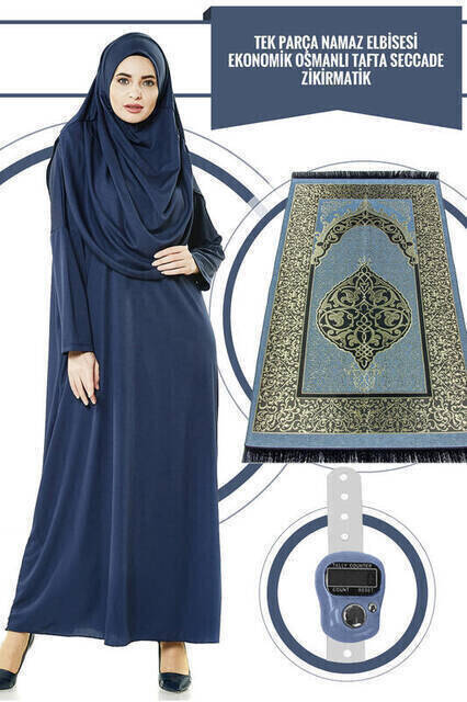 One Piece Prayer Dress - Navy - 5015 & Prayer Rug & Tasbih - Triple Set - 1