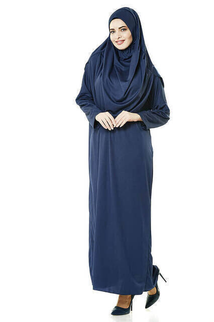 One Piece Prayer Dress - Navy - 5015 & Prayer Rug & Tasbih - Triple Set - 5