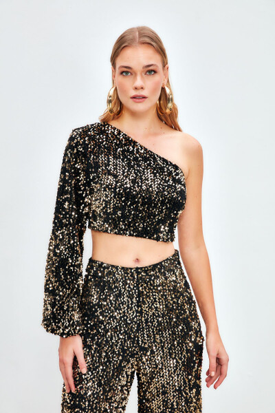 One-Sleeved Crop Blouse - GOLD - 3