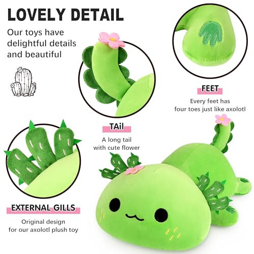 Onsoyours Sevimli Axolotl Peluş, Yumuşak Doldurulmuş Hayvan Semender Peluş Yastık, Çocuklar İçin Kawaii Peluş Oyuncak (Axolotl Kaktüs, 13 inç) - 45