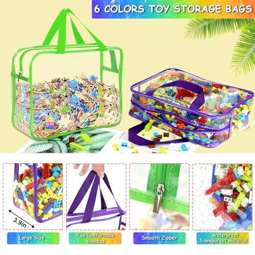 OPELETNNT 6 Packs Large Toy Storage Bags with Labels, Reusable Clear PVC Board Game Storage, Travel Waterproof Organizer Bags with Zipper for Building Blocks, Puzzle, Kids Books（6 Colors） - 3